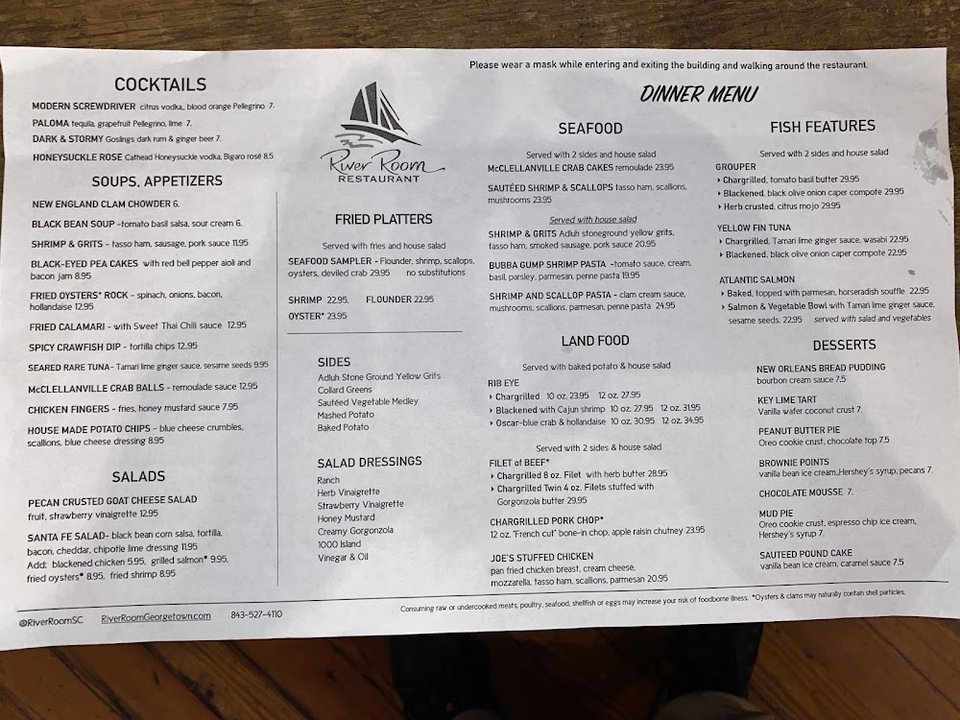 Menu page from a waterfront restaurant.
